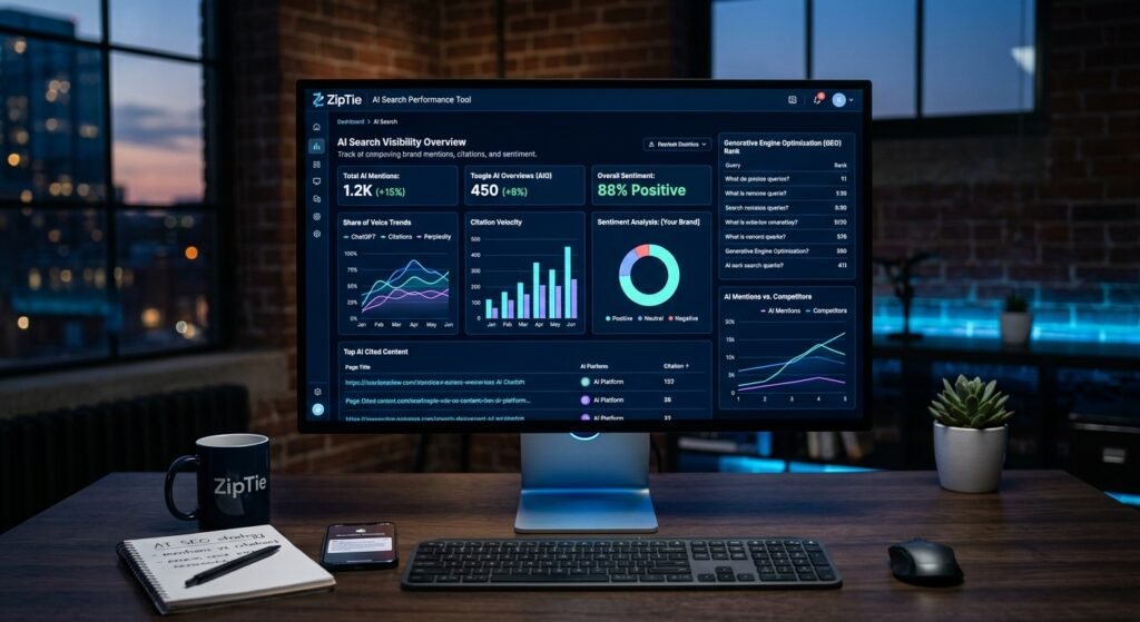 ziptie-ai-search-performance-tool-dashboard-showing-ai-brand-mentions-and-sentiment-analysis