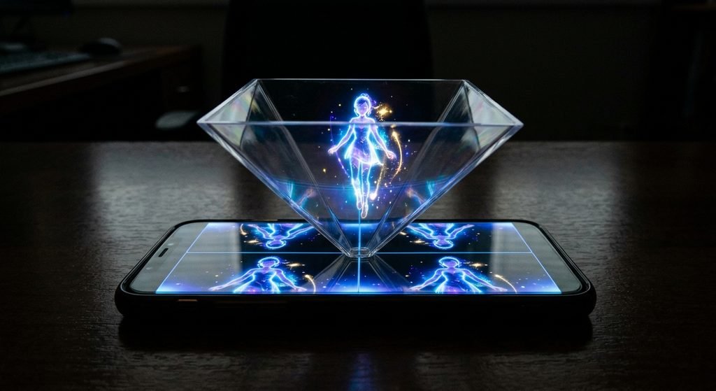 smartphone-screen-showing-4-sided-video-with-plastic-pyramid-hologram