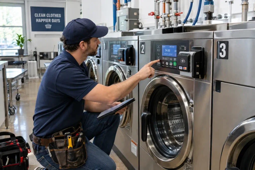 owner-inspecting-commercial-washing-machines-in-laundromat