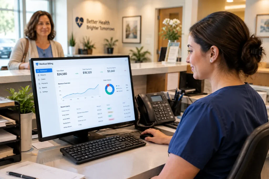 clinic-receptionist-using-medical-billing-software-dashboard