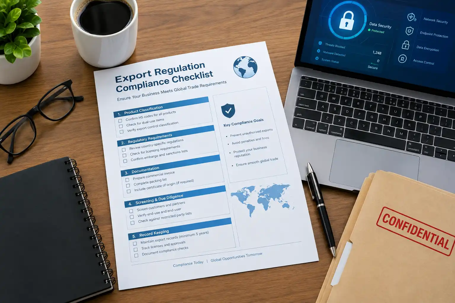 Compliance-officer-reviewing-export-control-documentation-and-data-security-checklist