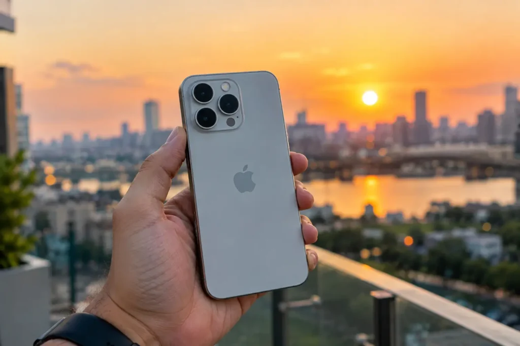 Person-holding-a-modern-smartphone-with-triple-camera setup-taking-a-photo-at-sunset