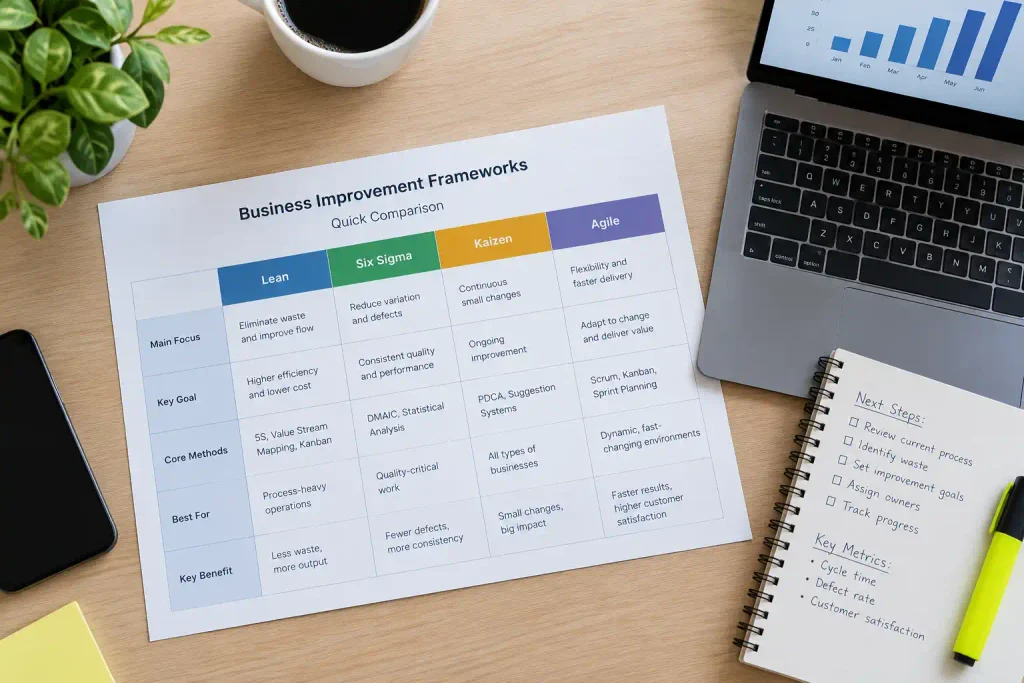 Desk-setup-comparing-Lean,-Six-Sigma,-Kaizen-and-Agile-business-improvement-techniques