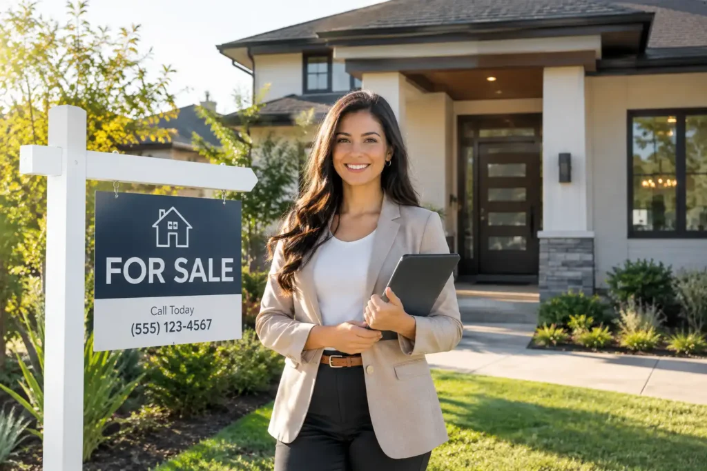 Real-estate-agent standing-outside a-house-with-a-For Sale-sign- starting-a-real-estate