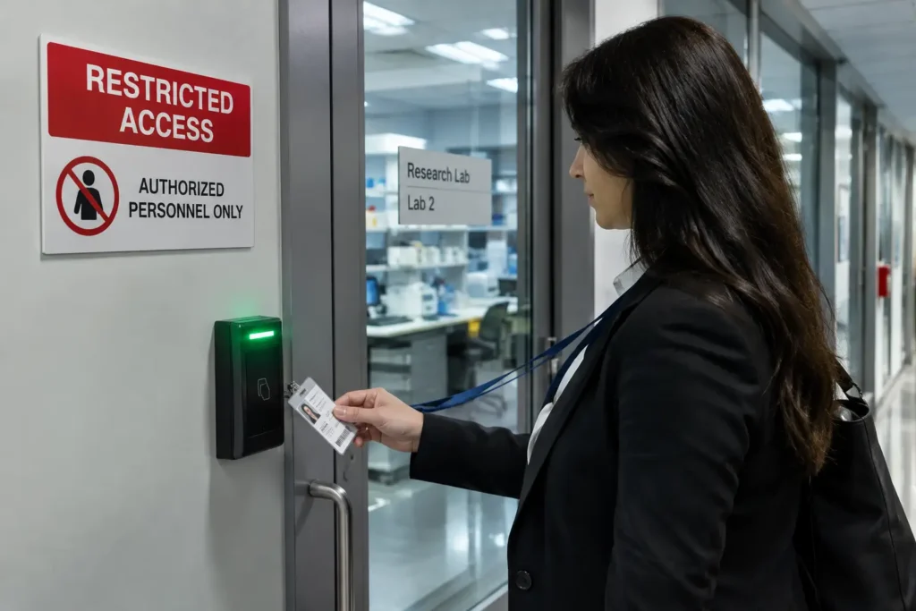 Badge-access-control-door-at-a-secure-research-facility implementing a technology control plan