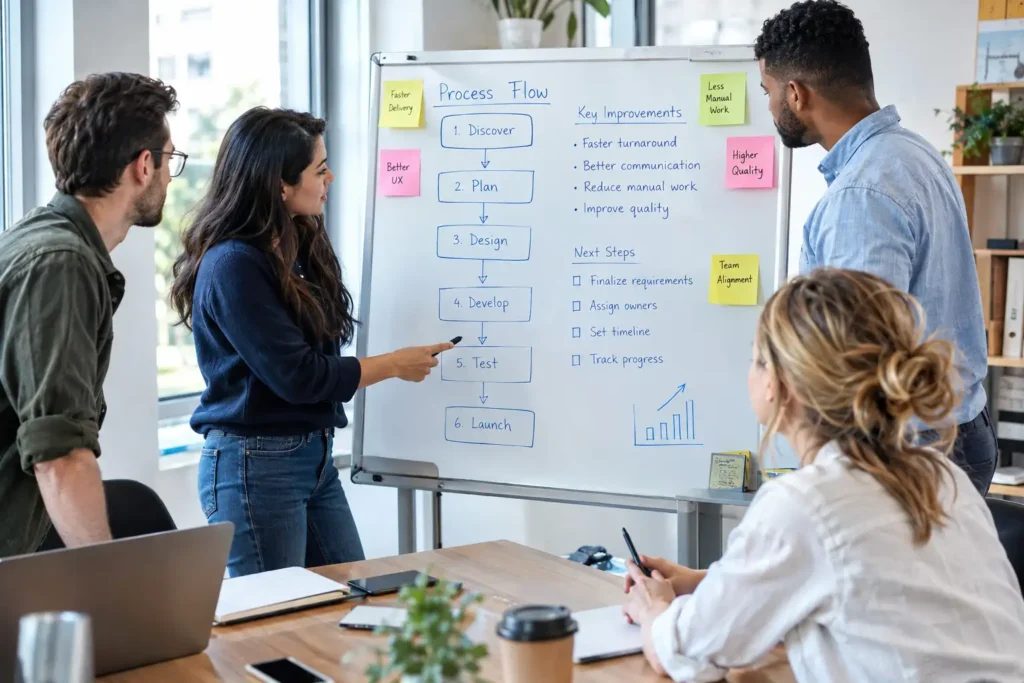 Small-business-team-discussing process-improvements-during-a-daily-huddle-meeting