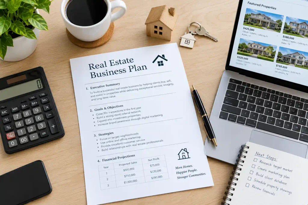 Desk-setup-with-business-plan-documents-and-laptop-for-starting-a-real-estate-business