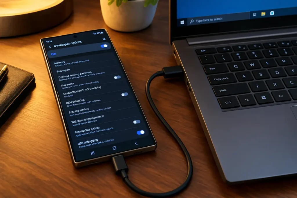Samsung-Galaxy S25-Ultra-phone-connected-to-laptop-pshowing-Developer-Options-menu-for-rooting